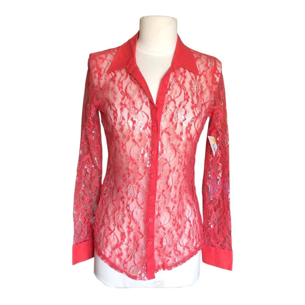 Bongo Y2K Flair Coral Lace Subtle Silver Metallic Collar Button-Up Shirt Medium